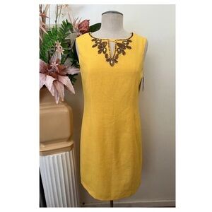 A1- NWT yellow ELLEN TRACY sleeveless embellished women knee length dress 4 $118
